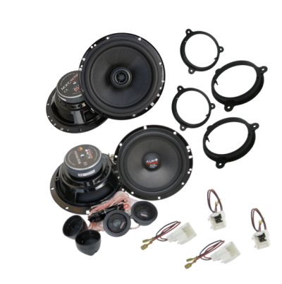 Pachet cu 2 difuzoare componente si 2 difuzoare coaxiale dedicate Dacia, cu inele si cablaj plug and play